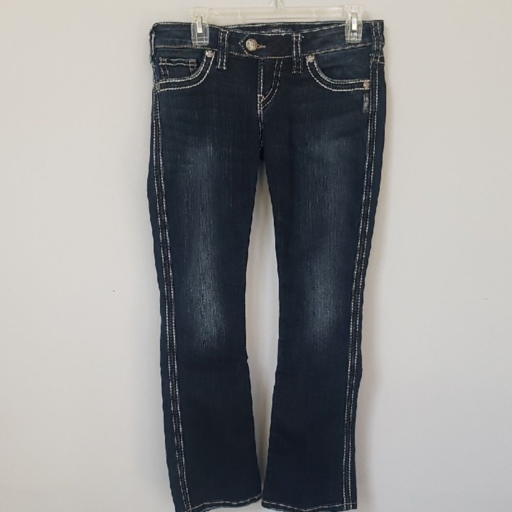 Silver Jeans Womens 28 Tuesday Slim Bootcut Low Rise Dark Blue Embellished Denim